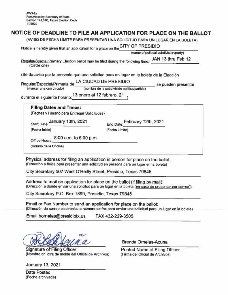 Public Notices City Secretary Presidio, Texas