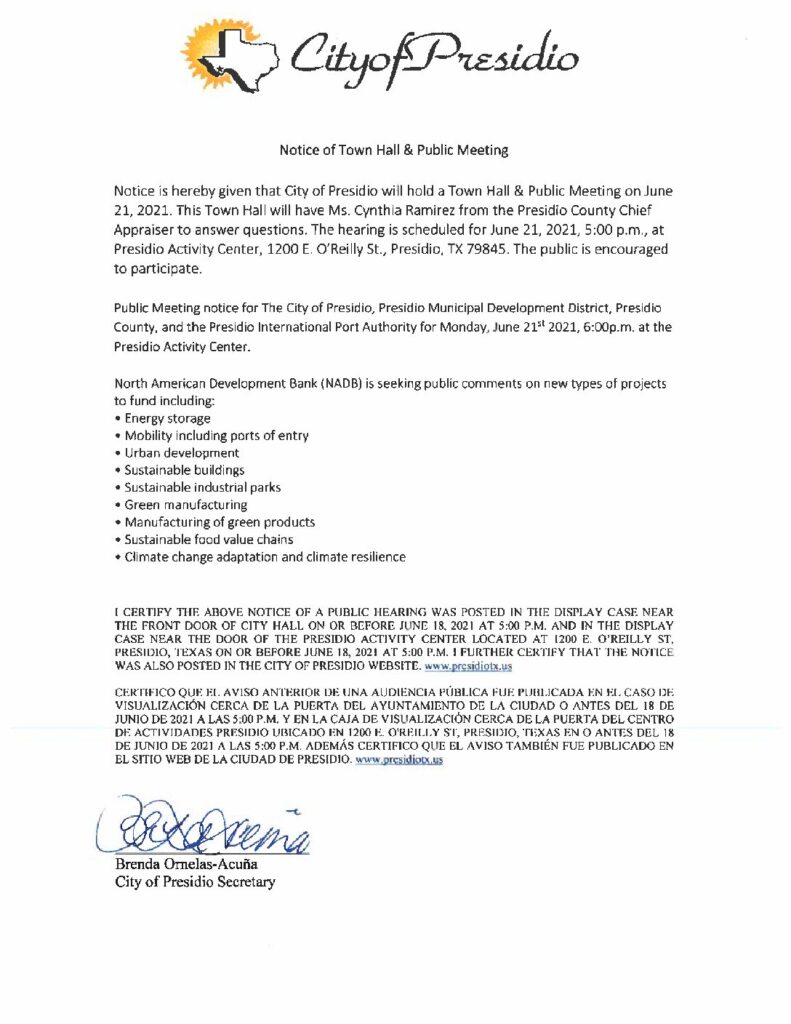 Public Notices City Secretary Presidio, Texas